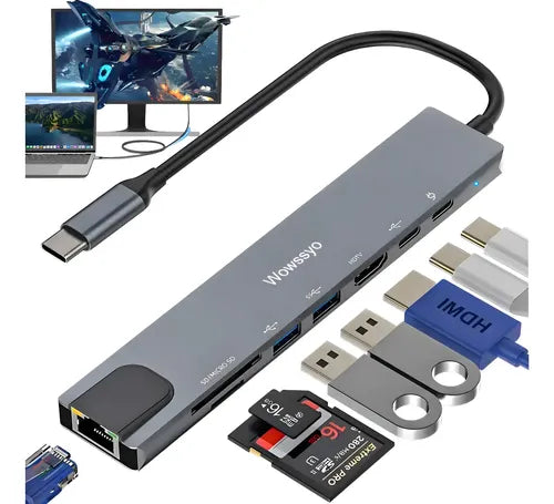 Hub USB-C 8 en 1 con HDMI 4K, Ethernet y carga PD100W - recomendado por Fotogenio
