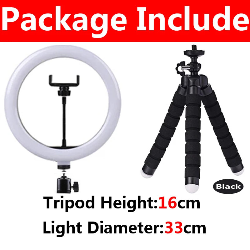 Aro de luz LED con tripié y soporte para celular, 16 a 33 cm