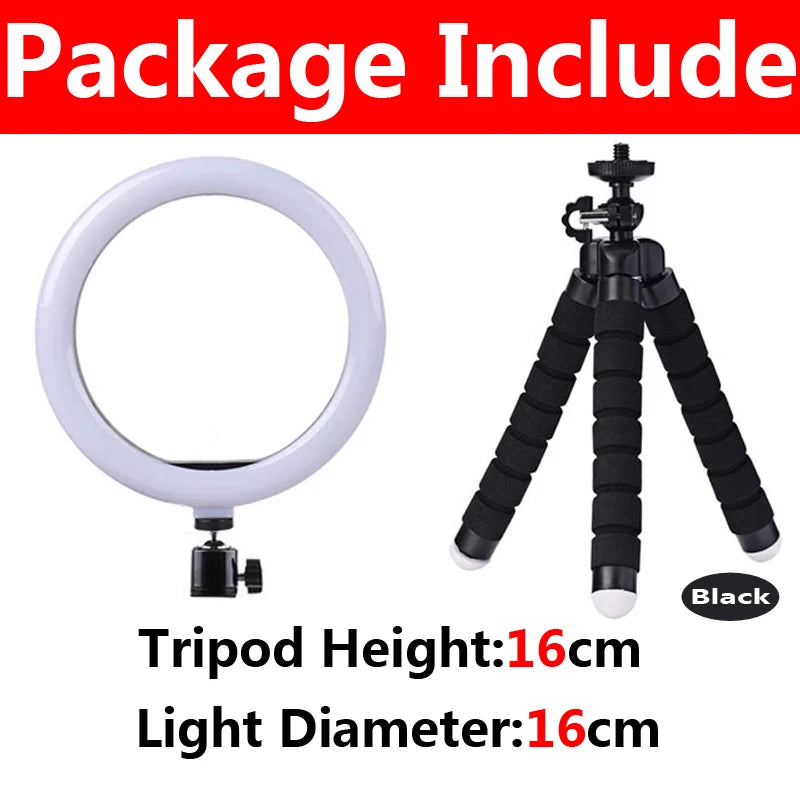 Aro de luz LED con tripié y soporte para celular, 16 a 33 cm