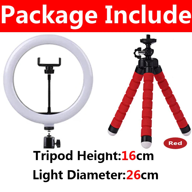 Aro de luz LED con tripié y soporte para celular, 16 a 33 cm