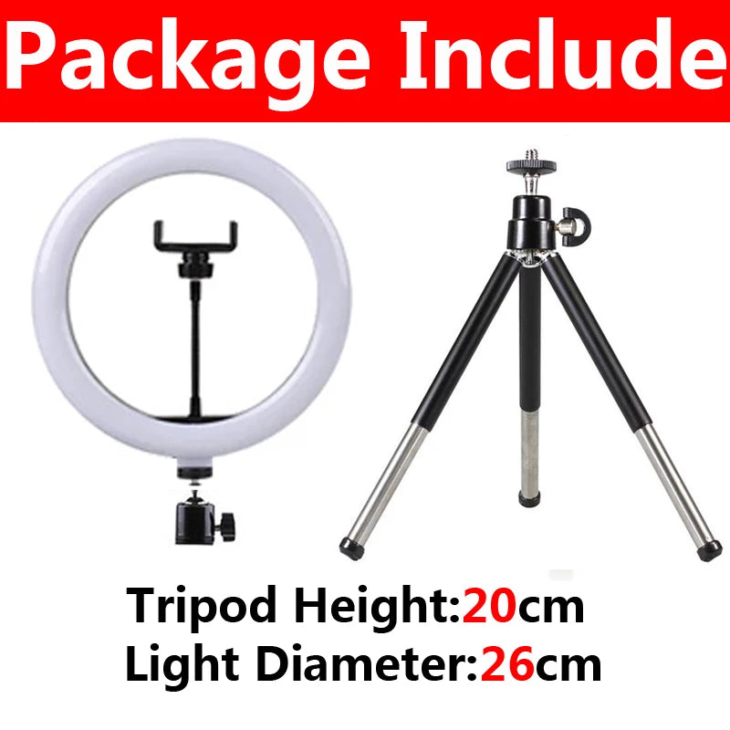 Aro de luz LED con tripié y soporte para celular, 16 a 33 cm