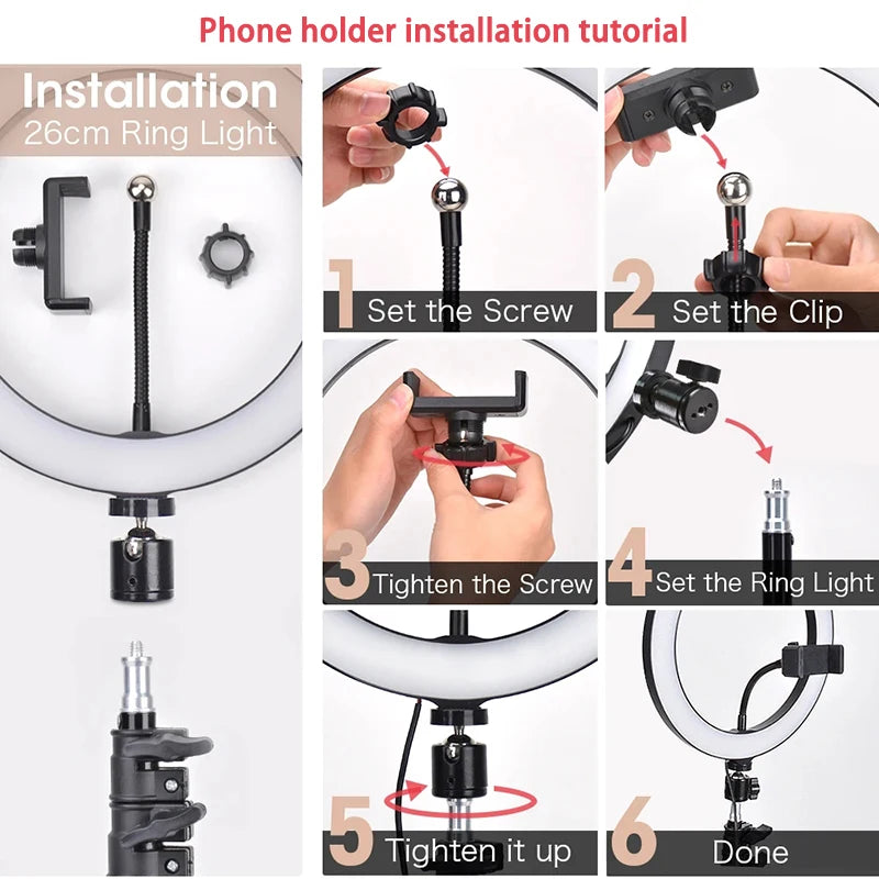 Aro de luz LED con tripié y soporte para celular, 16 a 33 cm