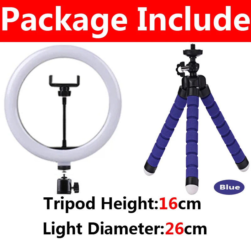 Aro de luz LED con tripié y soporte para celular, 16 a 33 cm