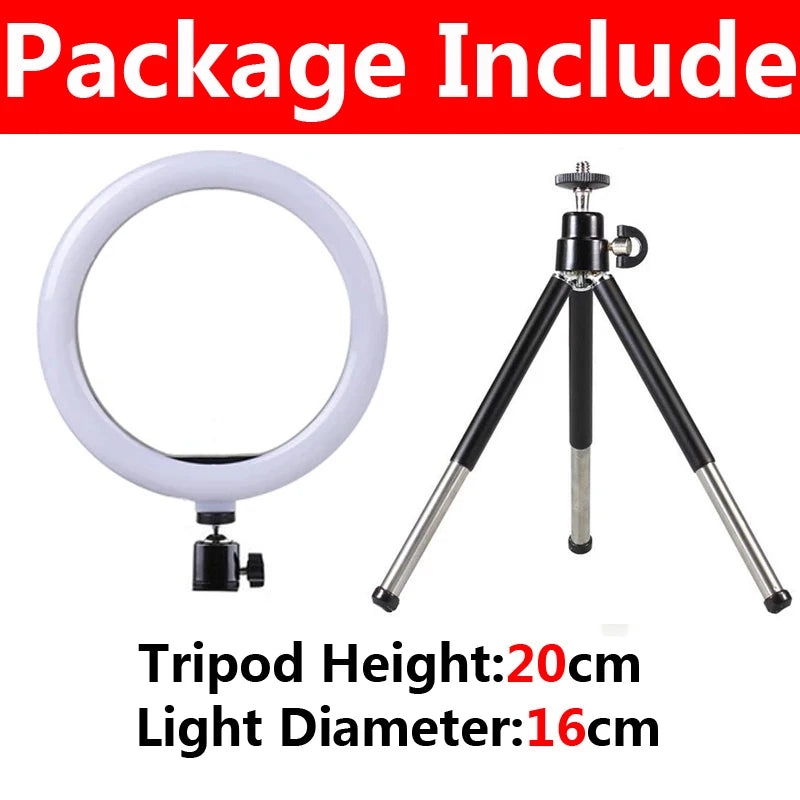 Aro de luz LED con tripié y soporte para celular, 16 a 33 cm