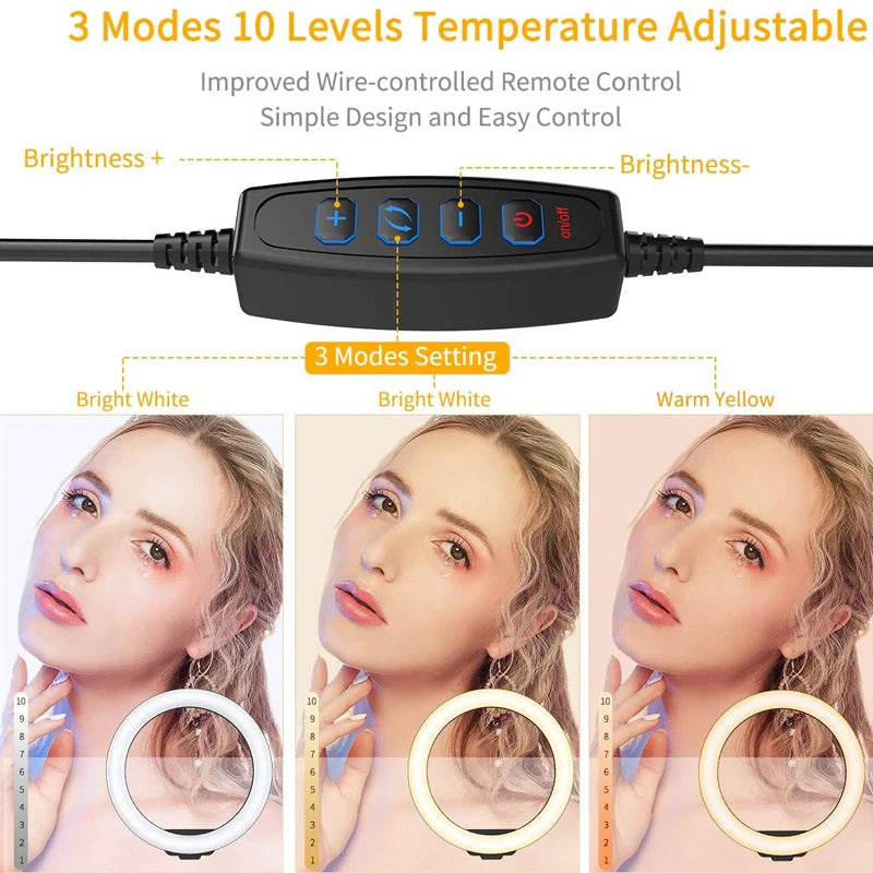Aro de luz LED con tripié y soporte para celular, 16 a 33 cm