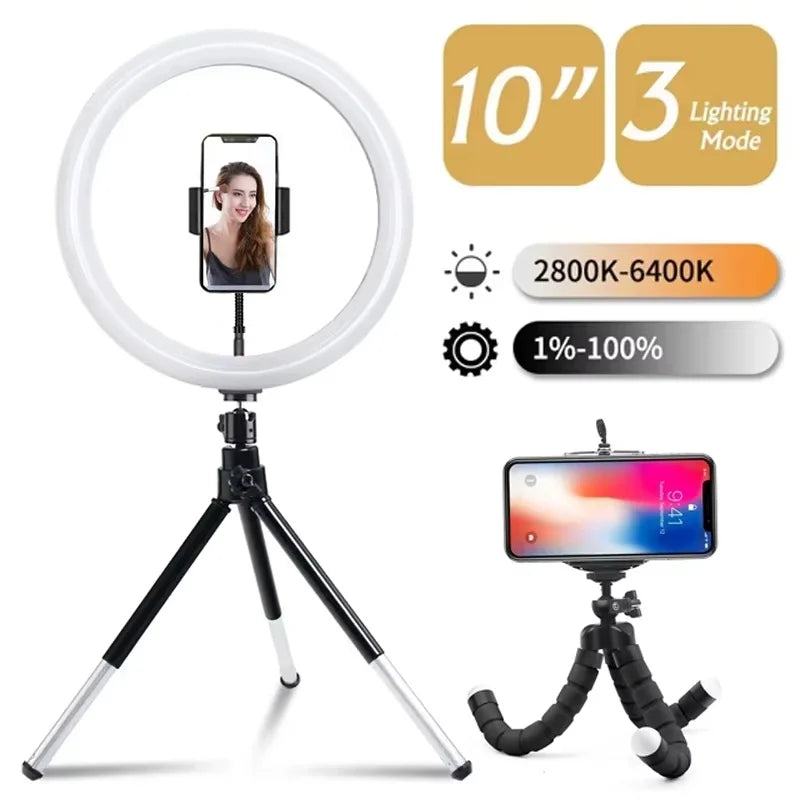 Aro de luz LED con tripié y soporte para celular, 16 a 33 cm