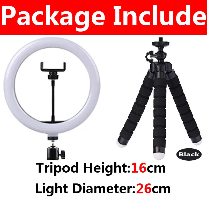 Aro de luz LED con tripié y soporte para celular, 16 a 33 cm