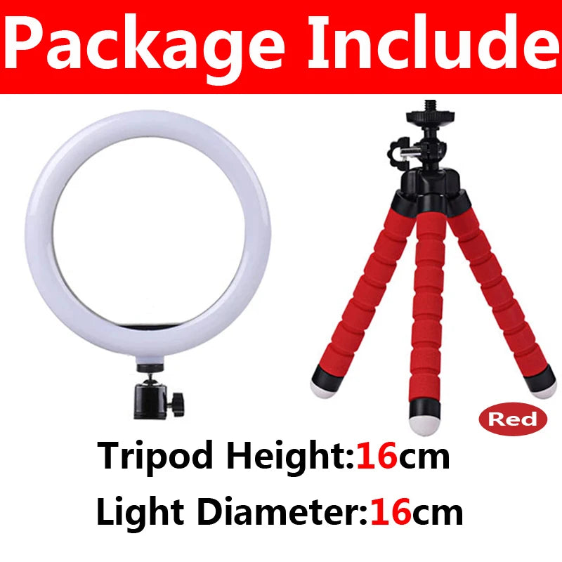 Aro de luz LED con tripié y soporte para celular, 16 a 33 cm