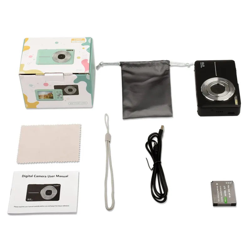 Cámara digital compacta negra con accesorios y memoria de 32 GB